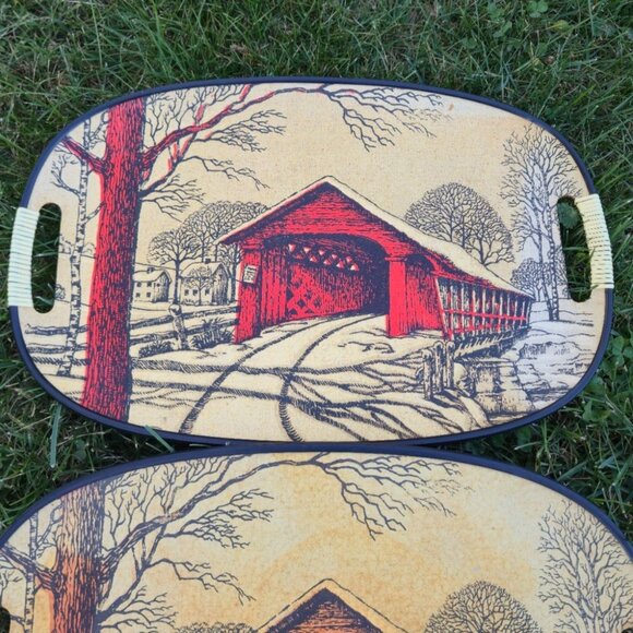 Mid Century Modern Covered Bridge art Fiberboard Serving  Vintage Tray TV tray - Picture 4 of 8